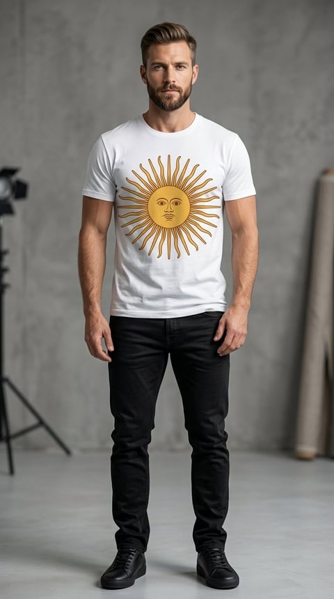 Man wearing white t-shirt with golden sun face graphic, black jeans, and black boots standing against gray studio background