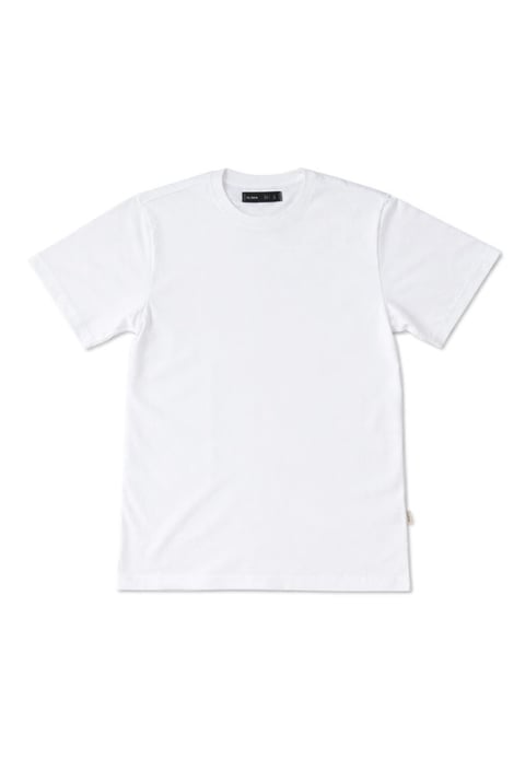 Plain white short-sleeve crew neck t-shirt displayed against a light background