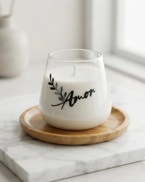 White scented candle with Amor text and leaf design on wooden coaster in marble tray