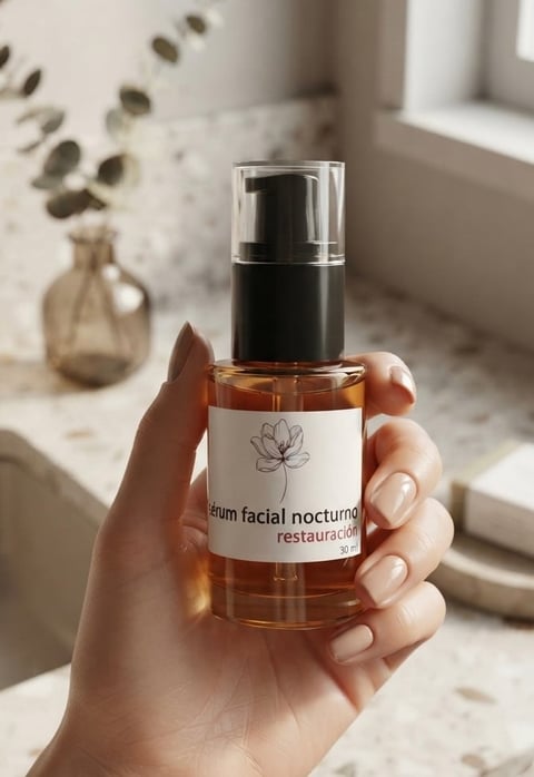 Mano sosteniendo serum facial nocturno en ventana