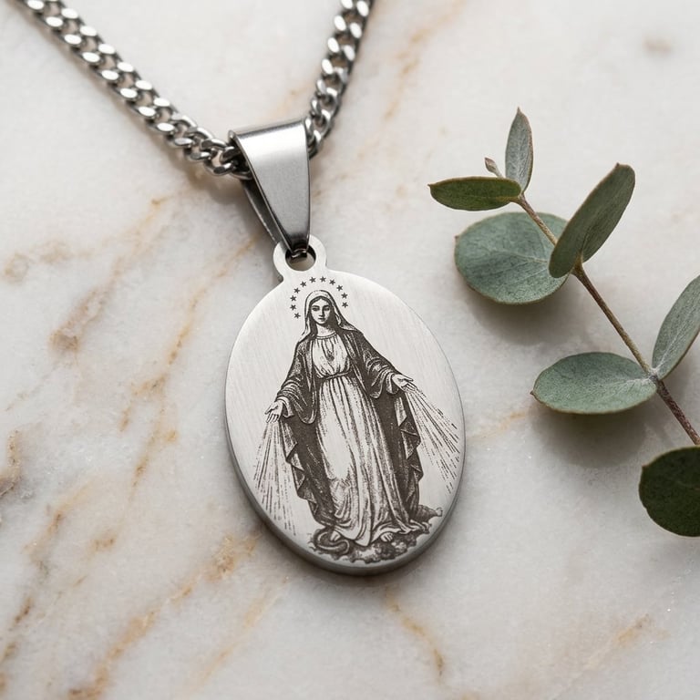 Silver religious pendant necklace displayed on marble surface with eucalyptus