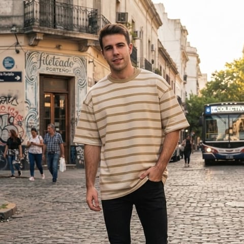 Hombre joven con remera a rayas en calle europea