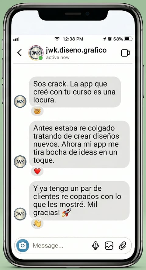 Conversación de Instagram con diseñador gráfico mostrando entusiasmo por los resultados