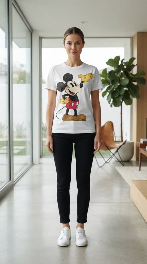Woman wearing white Mickey Mouse graphic t-shirt, black jeans, and white sneakers standing in a modern home interior