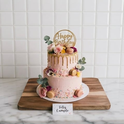 Torta de cumpleaños rosa de tres pisos