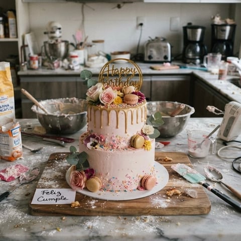 Torta rosa de pisos con macarons y flores en cocina