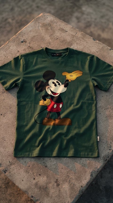 Green t-shirt with vintage Mickey Mouse graphic print, displayed on concrete surface with triangular stone