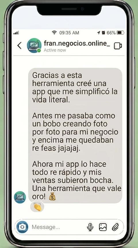 Conversación de Instagram donde un usuario de marketing digital agradece por la app que simplificó su flujo de trabajo